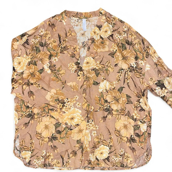 MNG Linen Blouse Women’s Sz 6 Floral Button Up Fall Nude Floral Oversized Sz 6 - Picture 1 of 11